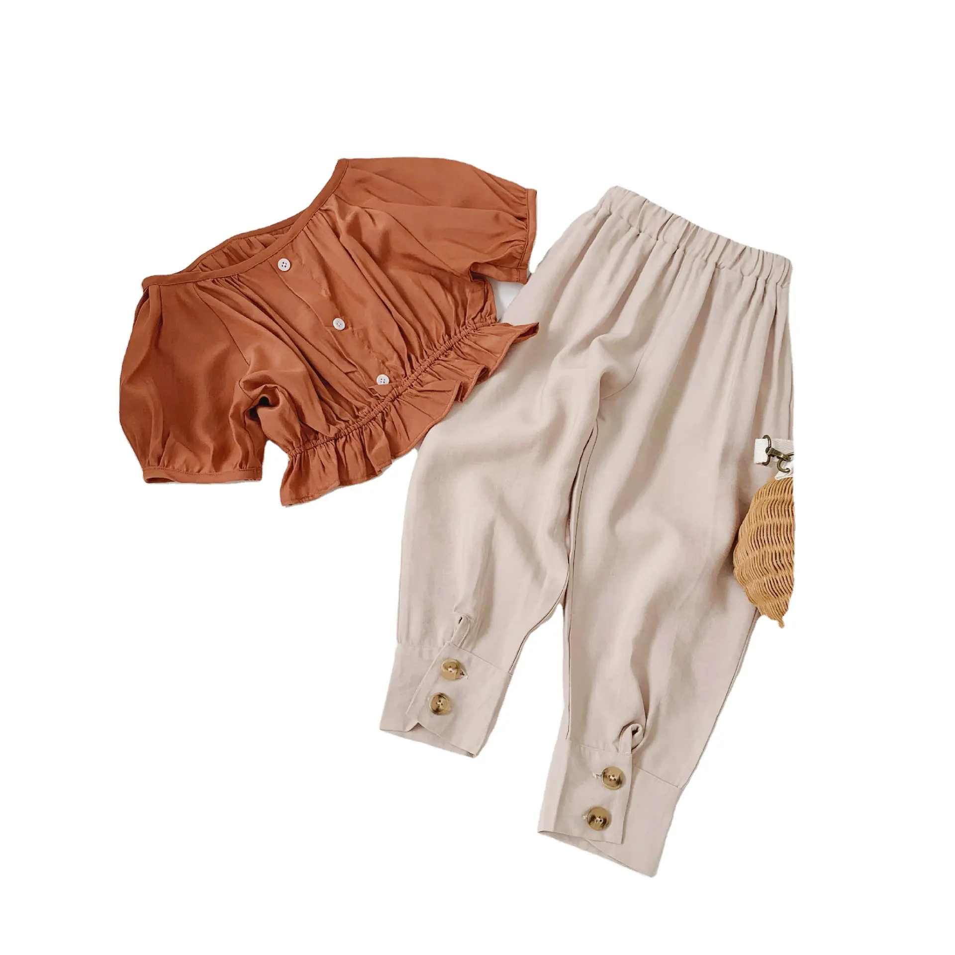 TCA20122040 yaz moda bebek kız 2 adet katı giyim setleri bebek çocuk gömlek uzun pantolon rahat kıyafet