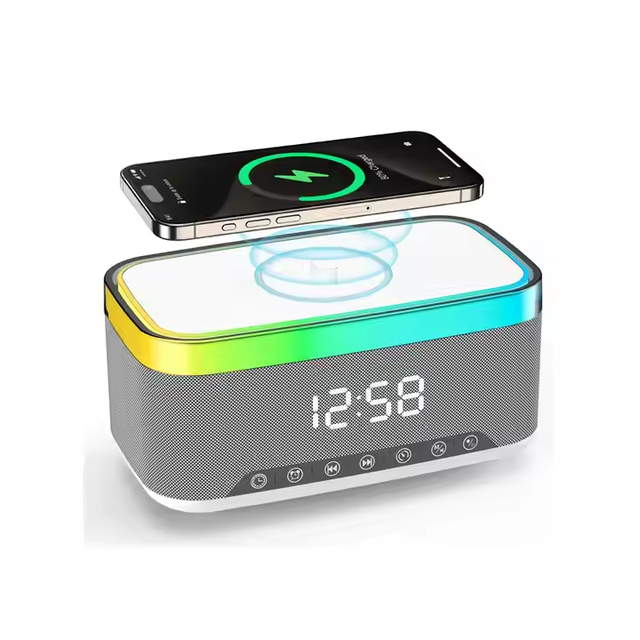 Custom Modern Desk Led Colorful Light Digital Alarm Clock Radio bluetooth Music Speaker Alarm Clock with Wireless Phone Charging