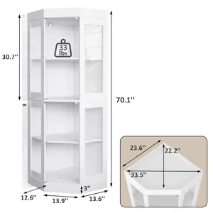 Tủ <span class=keywords><strong>CURIO</strong></span> góc trắng cao 70 ''có cửa kính, kệ trưng bày 4 lớp cho phòng ăn & phòng khách - Product Image 3