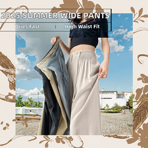 Pantalon en coton taille haute pour femme, coupe ample, plissé, longueur intégrale, couleur unie, décontracté, respirant, taille élastique, idéal pour l'été - Product Image 2