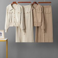 Ensemble élégant décontracté pour femme : cardigan tricoté à revers et boutons dorés, manches longues, et jupe midi – Idéal printemps-automne, bureau et usage quotidien