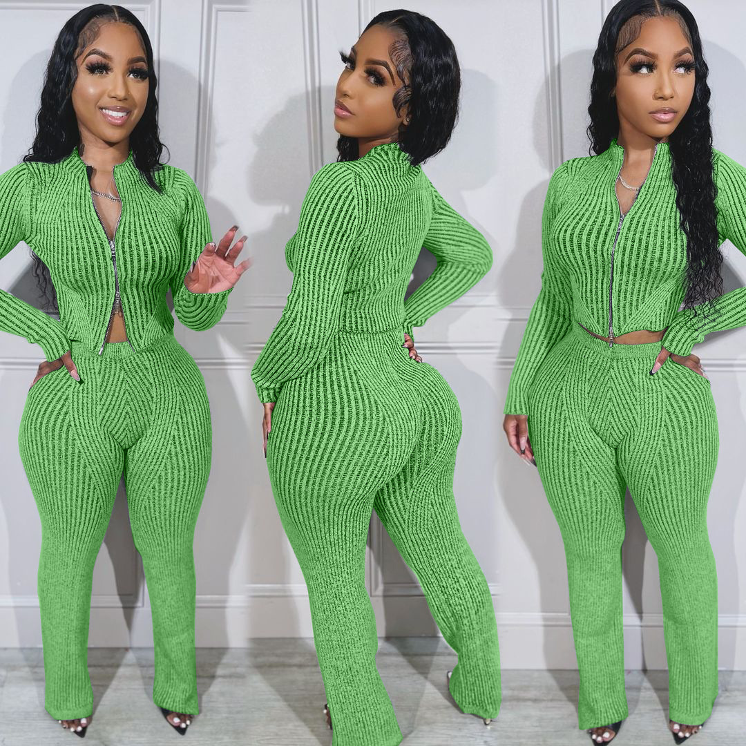 New Knit Casual 2 Piece Set Outfit Women Solid Zip Slim Crop Top and Flare Pants Two Piece Set Women Clothing · image 6