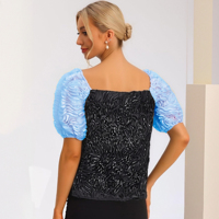 T-shirt court personnalisé à manches bouffantes, style rétro chic, effet froissé 3D, respirant, col carré avec poignets à volants