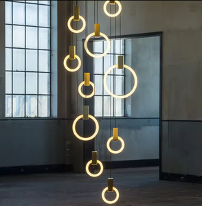 Lustre de restaurant d'éclairage de salon nordique moderne anneau d'art en bois lampe suspendue escalier long lustre lumière - Product Image 3