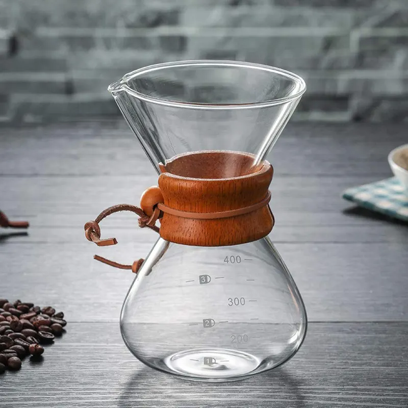Thiết Kế Độc Đáo Cổ Điển Borosilicate Glass Coffee Pot Đổ Qua Glass Coffee Maker Với Cổ Áo Bằng Gỗ Và Kim Loại Lọc
