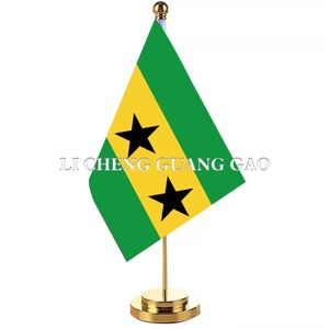 Bandera de Mesa Miniatura de Sao Tomé y Príncipe con Base Redonda Dorada, de Poliéster, para Venta al Por Mayor - Product Image 1