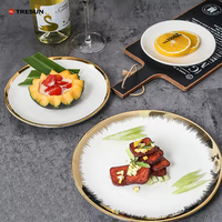 Assiettes de luxe pour hôtels et restaurants en gros, élégantes, blanches et à bord doré, en céramique, pour le dîner, la salade, le dessert, en porcelaine