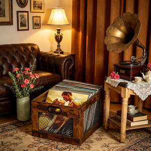 <span class=keywords><strong>Caisse</strong></span> à disques vinyles en bois style ferme avec côtés en maille pour collections de LP - Product Image 4