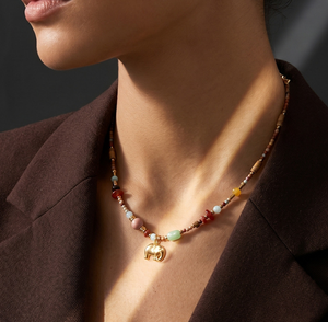 Women's Bohemia Style Beaded Necklace With Natural Stone And Gold Plated <b>Elephant</b> Pendant Animal Shape Fashion Jewelry - Product Image 1