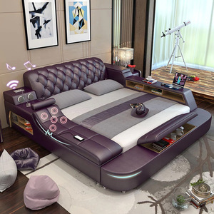 latest modern simple leather king multifunctional bed 1.8m double bed frame bedroom smart massage Functional bed