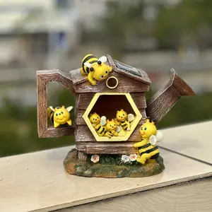 Solar Bee Hive Garden Statue Fairy Theme With LED Flowers Resin Material Outdoor Lawn And Yard Decoration For Bumblebees