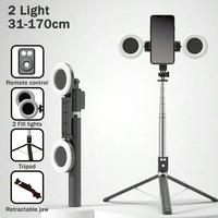 Perche à selfie pliable 4-en-1 en aluminium, 2 pièces, 170 cm, avec anneau lumineux LED extensible et télécommande sans fil pour diffusion en direct