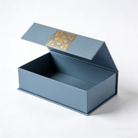 Boîte cadeau en carton rigide bleu avec logo personnalisé, emballage en feuille d'aluminium, recyclable, faible MOQ, boîte magnétique avec mousse EVA pour les entreprises
