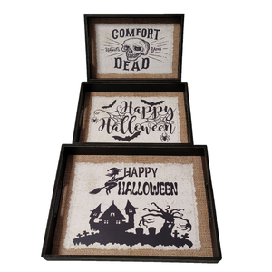 Ensemble de 3 plateaux décoratifs en bois pour Halloween <span class=keywords><strong>Plateau</strong></span> de service pour la décoration intérieure Plateaux de table de style bohème Solution de rangement facile - Product Image 1