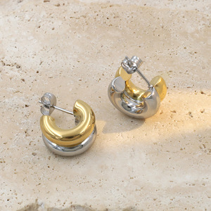 Trendy Two-Tone C-Shaped Huggie Earrings Geometric Stainless Steel For Women - Product Image 1