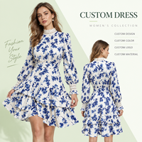Robe élégante courte à volants superposés pour femme, imprimé floral bleu, manches longues, bordure en dentelle, style bohème, pour soirée, service personnalisé, faible MOQ