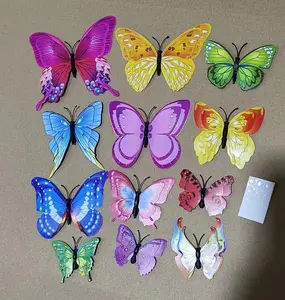 12 unids/bolsa 3D mariposa pegatina doble capa colorida mariposa pared pegatina creativa hogar nevera decoración pegatina