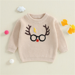 Basso MOQ ricamo personalizzato produttore autunno maglioni bambino corno <span class=keywords><strong>di</strong></span> <span class=keywords><strong>cervo</strong></span> occhiali ricami manica lunga per bambini maglia top maglione - Product Image 1