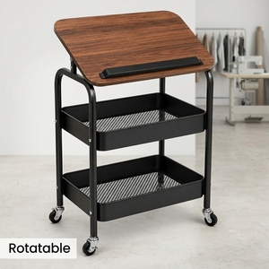 3 Tier Utility with Wooden Board and Drawer ,Multi Use <strong>Storage</strong> Rack Organizer Lockable Casters, Metal Trolley Rolling <strong>Cart</strong> - Product Image 3