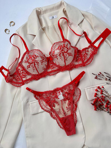 Wholesale Floral Embroidery Lingerie <b>Set</b> <b>Sexy</b> Sheer Mesh Underwire Bra and Thong Panties <b>Set</b> 2 Piece Lace Intimates <b>Set</b> with Bow - Product Image 3