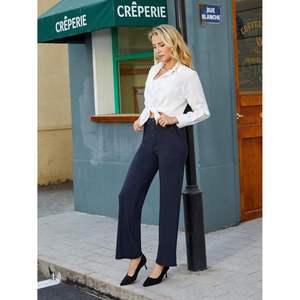 2025 Women's Casual High Waist Straight Leg Canvas Pants Stretchy <b>Button</b> Business <b>Dress</b> Work Trousers <b>with</b> Pocket - Product Image 3