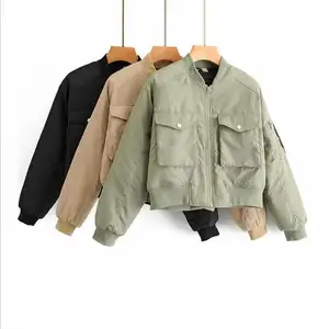 2021 Women Military Green Moto Biker Bomber Pilot Jacket Cropped Top Long Sleeve Female Oversize Coat Outerwear