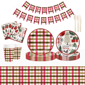 DAMAI Customized Christmas Party Tableware Set Disposable Plaid <b>Pattern</b> <b>Paper</b> Plate Cup Napkins Decoration Christmas Supplies - Product Image 2