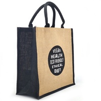 Grand sac à main noir en coton et lin naturel imprimé de logo personnalisé et pas cher sac de plage en toile de jute sacs à main en chanvre et jute sac fourre-tout