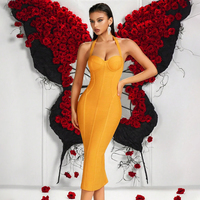 Robe Midi Bandage Halter Dos Nu Corset Soutien-Gorge Rembourré Sans Manches Rayée Taille Haute Élégante Coupe Crayon pour Bal Cocktail Soirée Formelle