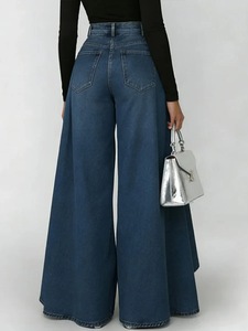Fashion Faux Denim Printed Solid Color Button Design Casual Trousers Loose Large Flared Straight Leg Pants - Product Image 3