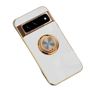 Wholesale Electroplate Gold Pure Color Bright TPU Luxury 360 Degree With Stand Ring Holder Cell Phone Case For Pixel 6 4a 6a 5a