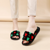 Chaussons pour femmes en fausse fourrure moelleuse motif sapin de Noël, à bout ouvert, respirants - Chauds pour l'hiver et l'automne