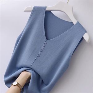 WQZ26060 Summer Lady's Sleeveless Casual Vest Solid Breathable Ice Silk Suspender with V-Neck Button Knit One Size Fits All