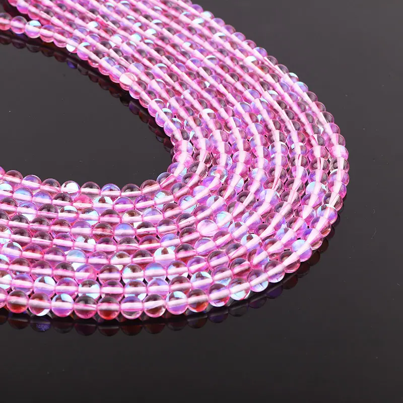 Perles en pierre de lune cristal Rose brillant, vente en gros, perles rondes de haute qualité, paillettes, pour la fabrication de bijoux, livraison gratuite