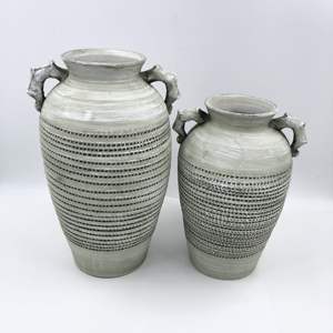 Vase en céramique fait main-Vase en terre cuite de 14.3 ''de hauteur Vases en poterie grossière <span class=keywords><strong>gris</strong></span> <span class=keywords><strong>clair</strong></span> vintage Décor antique rustique avec 2 oreilles - Product Image 4