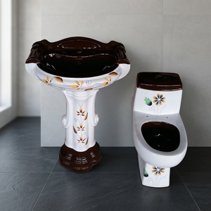 Ensemble complet de sanitaires en céramique Vitrossa de couleur verte chinoise, comprenant un WC et un lavabo sur piédestal - Product Image 2