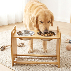 Bol surélevé pour <span class=keywords><strong>chien</strong></span> en bambou à hauteur réglable, mangeoire <span class=keywords><strong>surélevée</strong></span> pour animaux de compagnie avec 2 bols en acier inoxydable pour chats et chiens, ensemble professionnel - Product Image 2