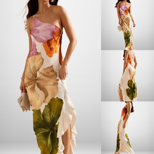 Robe longue décontractée pour femme, asymétrique à une épaule, imprimé floral, ourlet à volants, fente, élégante pour le quotidien et les rendez-vous, livraison rapide - Product Image 2