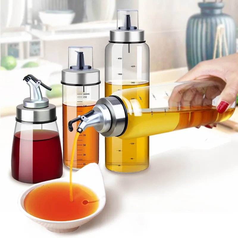 Kitchen Cooking Lead Free Leak-proof Vinegar Oil Measuring Dispenser Glass Oil Bottle With Stainless Steel Spouts
