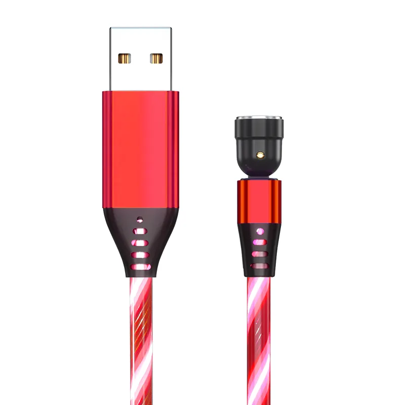 Cable USB de carga magnética luminosa 540 grados LED que fluye 2.4A cargador de teléfono móvil 3 en 1 cable micro USB C 1 M 2M logotipo gratis