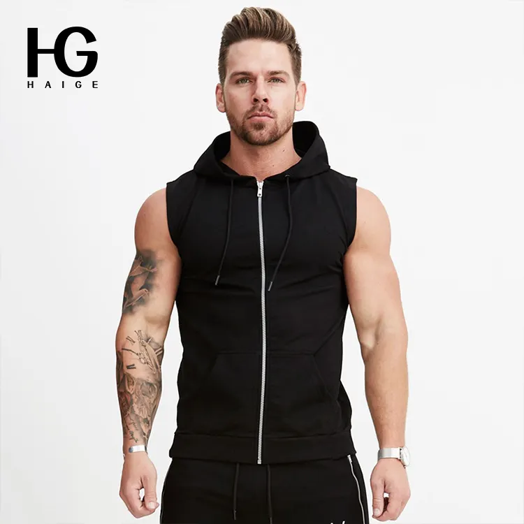 Sport Leisure Vest Zipper Up Men's Hoodies Outdoor Gym Wear For Men T Shirts Hooded Top Sleeveless Trend Men's T-shirt Fitness