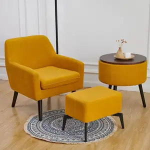Upholstered Accent Club Yellow Chair Osman wood deep walnut legs comfortable reading armchair Linen fabric single sofa