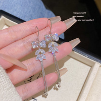 Boucles d'oreilles tendance en zircon avec nœud et pampilles longues, style coréen, pour influenceuses, passe-partout