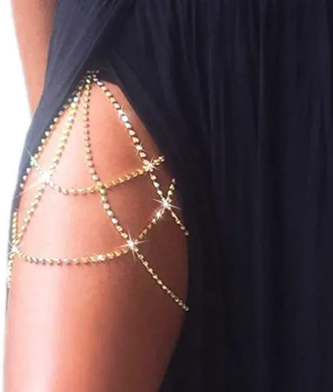 Summer Beach Sexy Rhinestone Decor Layered Thigh Chain Rave Elastic Crystal Leg Chain Body Jewelry for Women