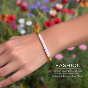 Fashion <b>Beaded</b> <b>Bracelet</b> 316L Stainless Steel PVD <b>Gold</b> Plating Sustainable Resistant Pearl Design - Product Image 3
