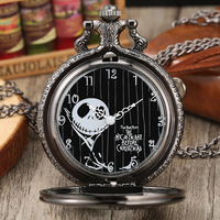 Montre de poche steampunk Jack & Sally Skeleton Nightmare avec chaîne de collier, pendentif médaillon montre à quartz noir