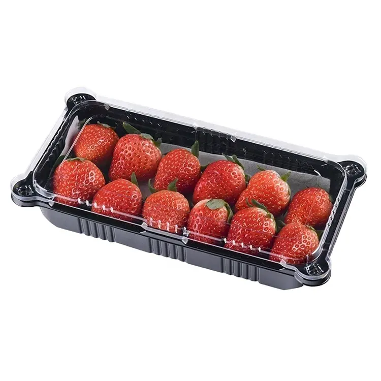 Одноразовая черная прямоугольная упаковочная коробка для супермаркета, клубники, фруктов, пластиковая упаковка для пищевых продуктов, лоток для упаковки свежих фруктов