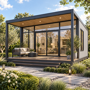 Maison moderne en panneaux sandwich avec murs en verre et terrasse en bois pour usage de villa - Product Image 1