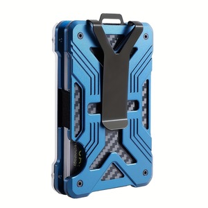 <b>Slim</b> Aluminum Card Holder Carbon Fiber Pattern Blue Clip Closure 30mm Thick Wallet for Credit Cards and ID - Product Image 1