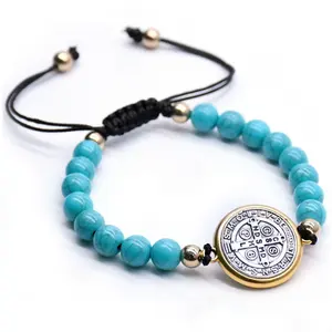 Saint Benedict bracelet turquoise beaded bracelet metal Handmade Chinese knot religious rope rosary bracelet